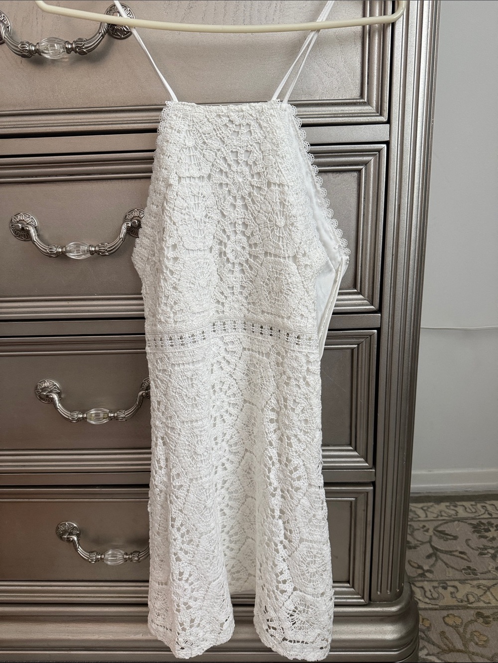 Women's White Crochet Halter Mini Dress - Sleeveless Beachy Style